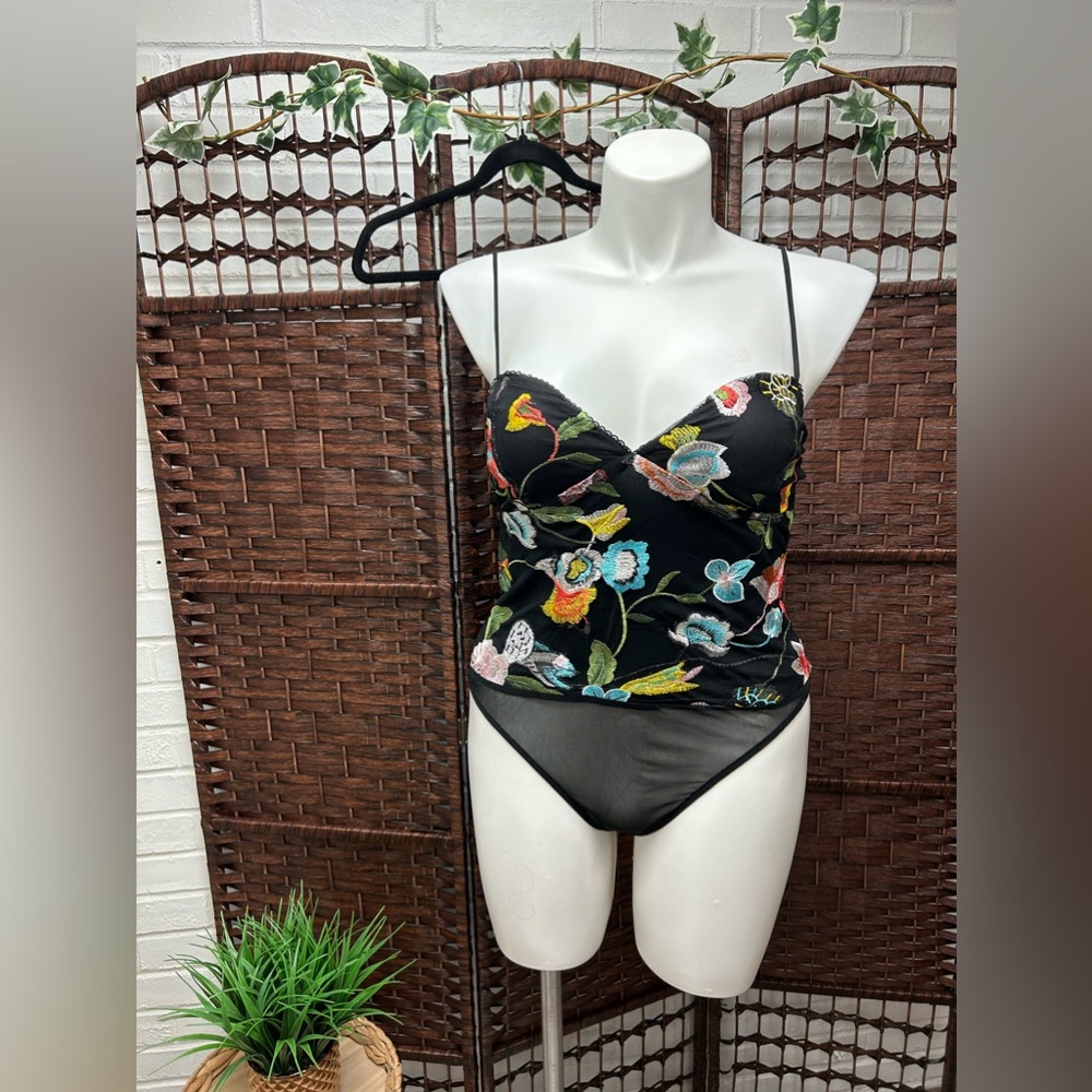 Revamped Black Floral Embroidered Mesh spaghetti Strap Sheer Bodysuit